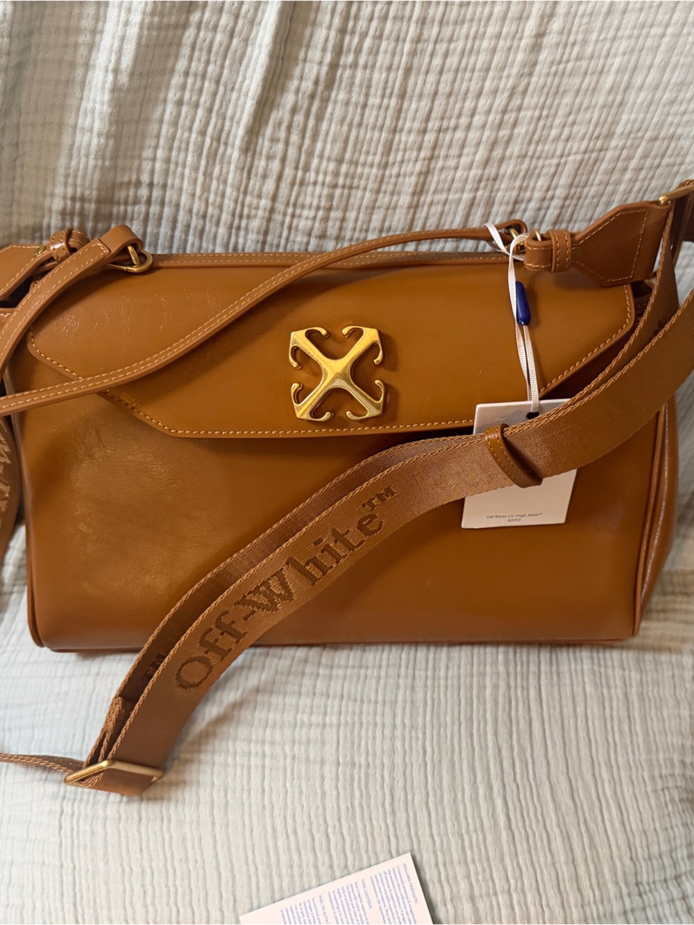 Off-White Cognac Leather Shoulder Bag with Gold Hardware - Picture 2 of 15